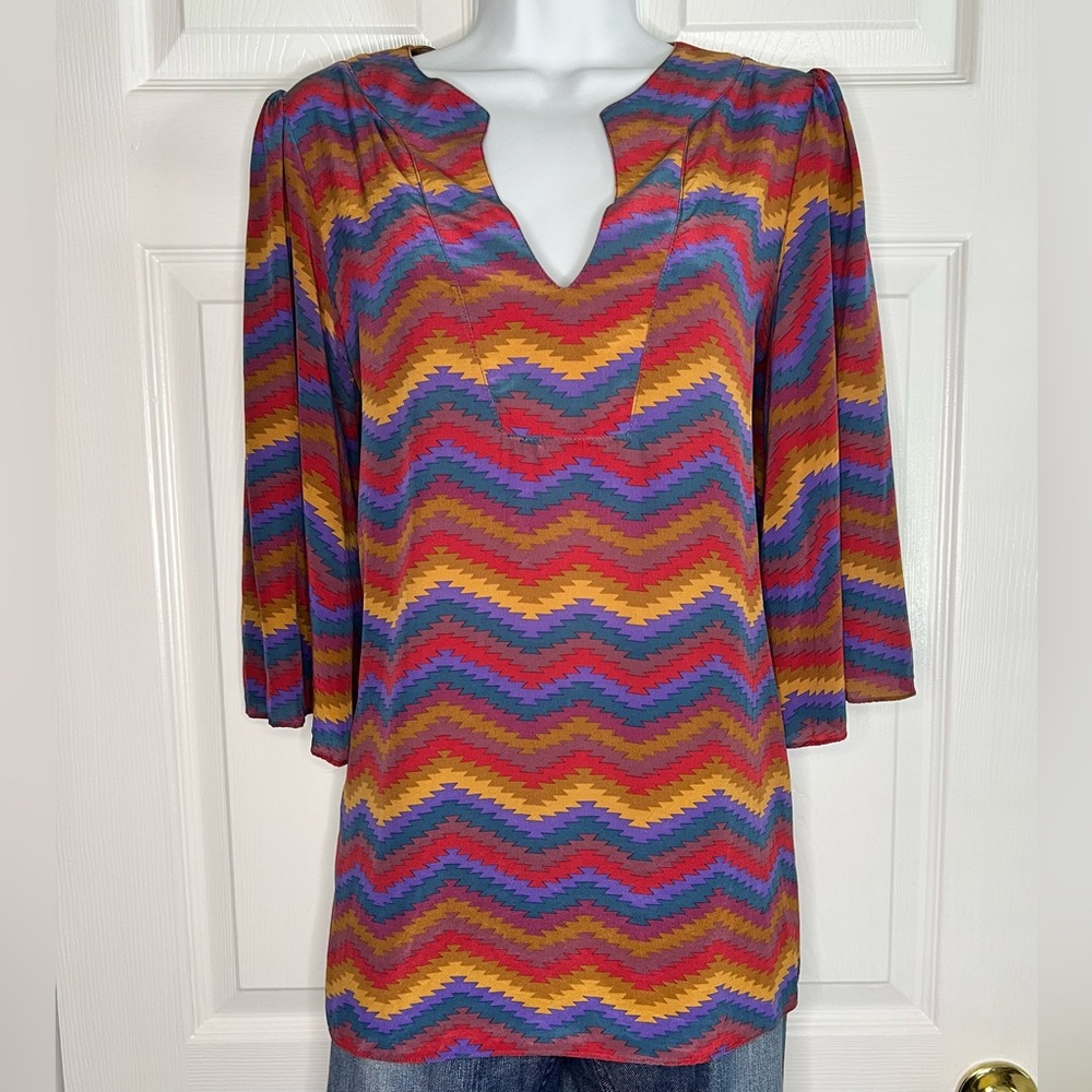 Bianca Coletti Women’s Multicolor Flowy Silk Chevron Blouse Shirt Top L
